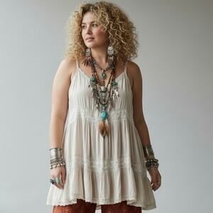 Torrid Festi Boho Chic Beige Tiered Lace Trim Tunic Top Mini Dress Plus Size 3